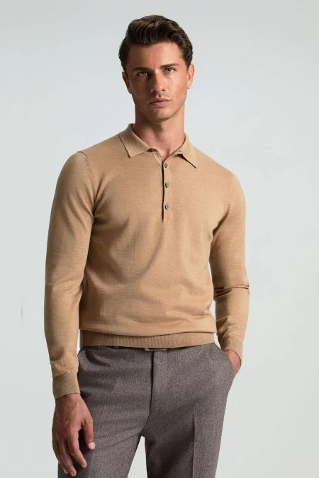 Polo Yaka Merino Yün Camel Triko