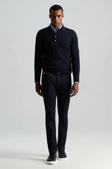 Extrafine Merino Polo Yaka Lacivert Triko