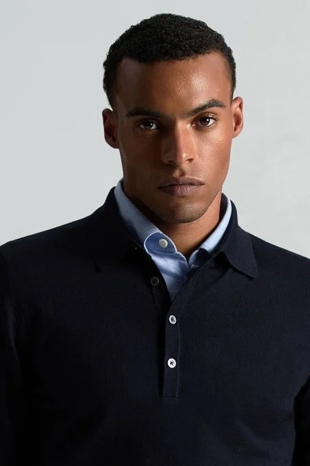 Extrafine Merino Polo Yaka Lacivert Triko
