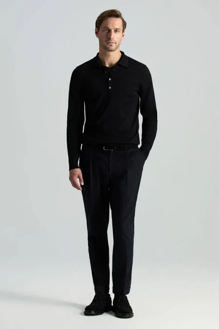 Extrafine Merino Polo Yaka Siyah Triko