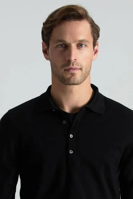 Extrafine Merino Polo Yaka Siyah Triko
