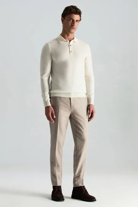 Polo Yaka Saf Kaşmir Ekru Kazak