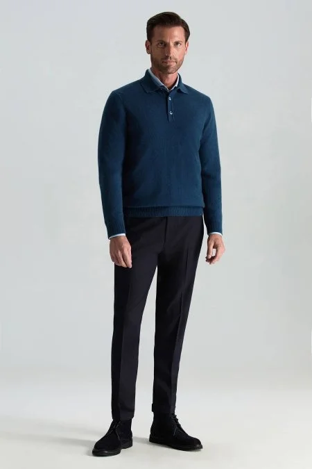 Polo Yaka Saf Kaşmir Petrol Mavisi Kazak