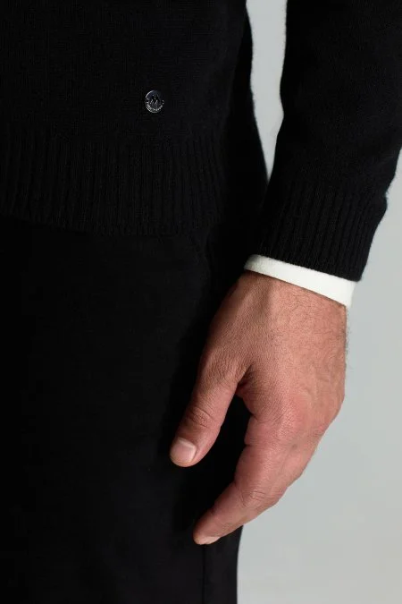 Polo Yaka Saf Kaşmir Siyah Kazak