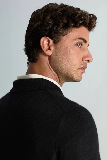 Polo Yaka Saf Kaşmir Siyah Kazak