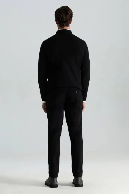 Polo Yaka Saf Kaşmir Siyah Kazak