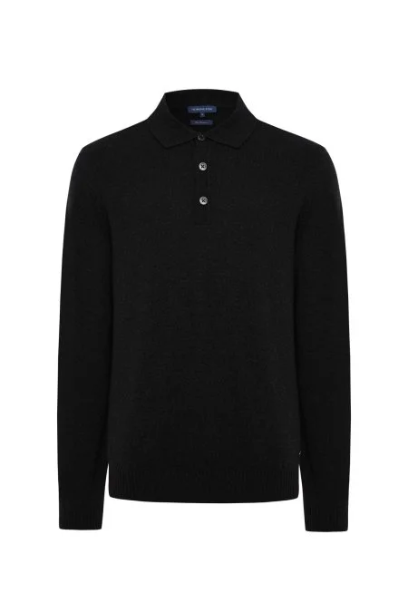 Polo Yaka Saf Kaşmir Siyah Kazak