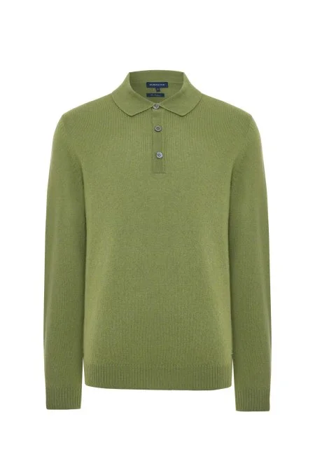 Polo Yaka Saf Kaşmir Yeşil Kazak