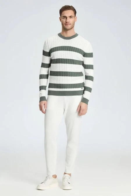 Saç Örgü Desen Haki Beyaz İnce Yazlık Triko