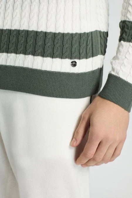 Saç Örgü Desen Haki Beyaz İnce Yazlık Triko