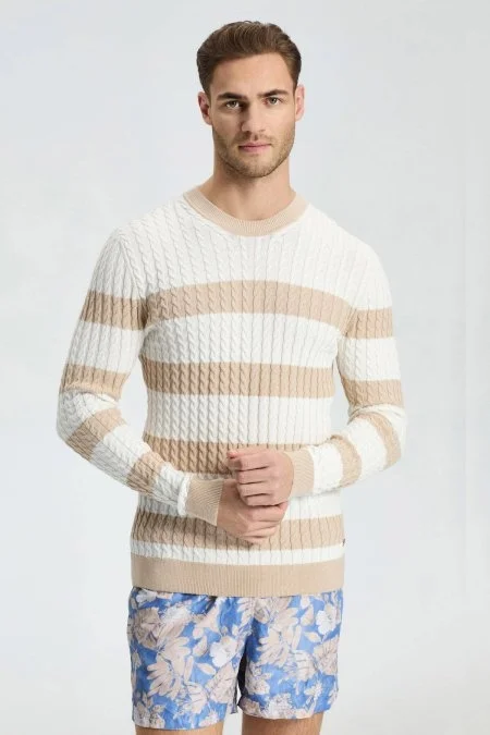 Saç Örgü Desen Krem Rengi Beyaz İnce Yazlık Triko