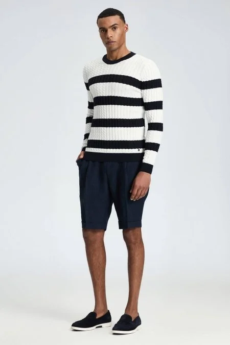 Saç Örgü Desen Lacivert Beyaz İnce Yazlık Triko