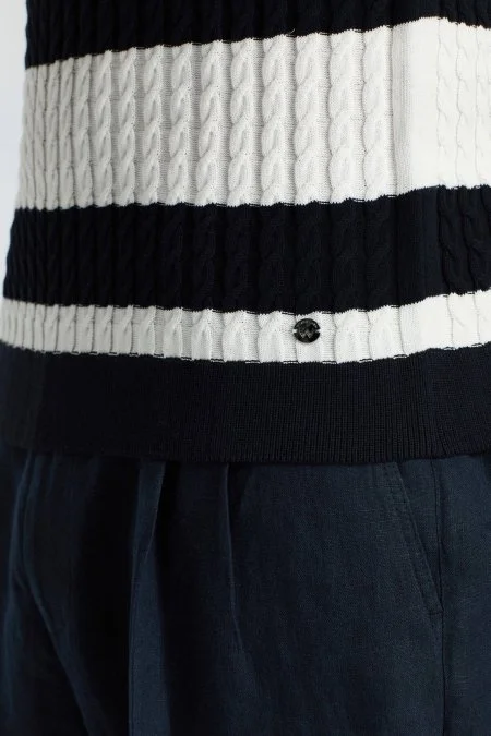 Saç Örgü Desen Lacivert Beyaz İnce Yazlık Triko