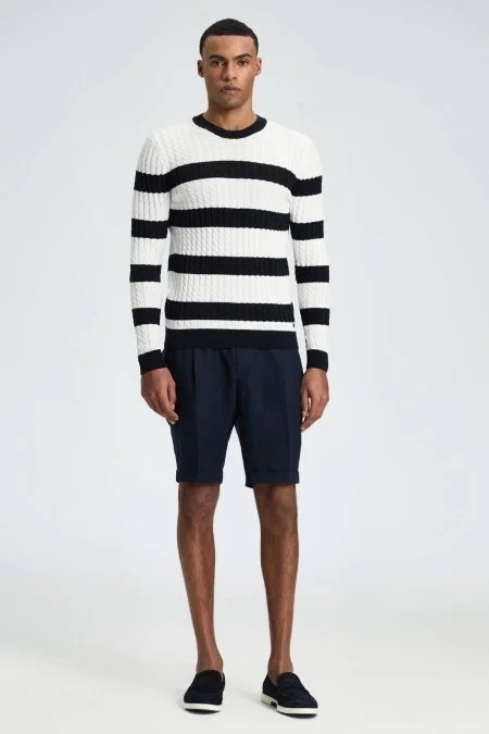 Saç Örgü Desen Lacivert Beyaz İnce Yazlık Triko