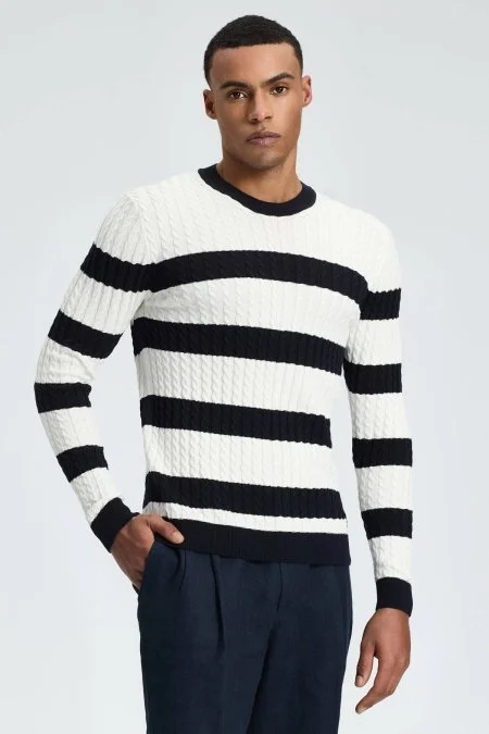 Saç Örgü Desen Lacivert Beyaz İnce Yazlık Triko