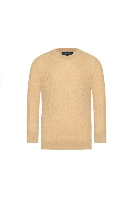 Saç Örgü Desenli Lambswool Camel Çocuk Kazak