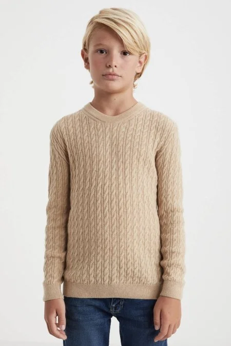 Saç Örgü Desenli Lambswool Camel Çocuk Kazak