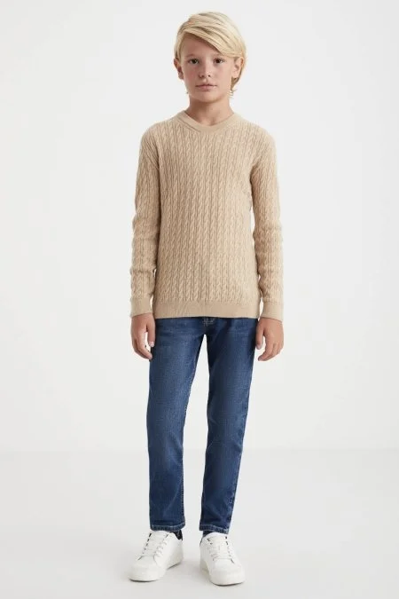 Saç Örgü Desenli Lambswool Camel Çocuk Kazak