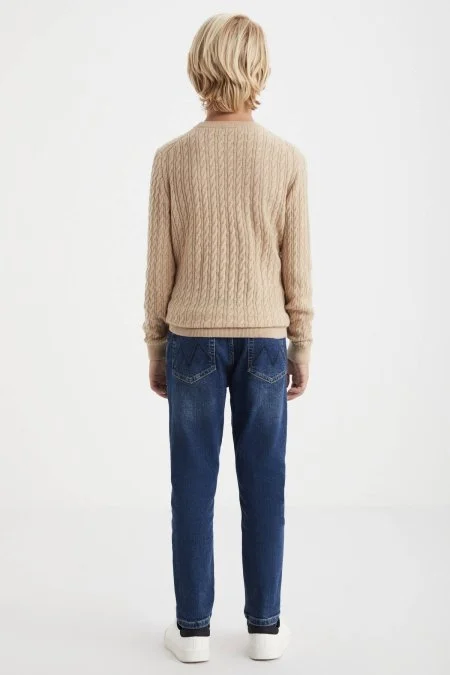 Saç Örgü Desenli Lambswool Camel Çocuk Kazak