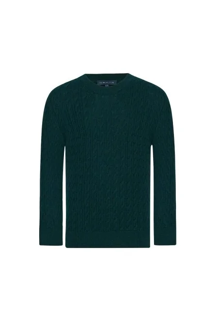 Saç Örgü Desenli Lambswool Koyu Yeşil Çocuk Kazak