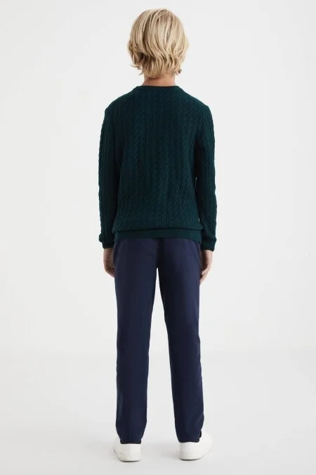 Saç Örgü Desenli Lambswool Koyu Yeşil Çocuk Kazak