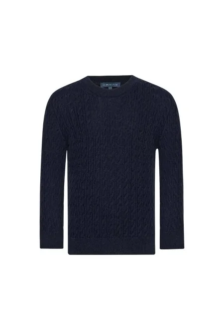 Saç Örgü Desenli Lambswool Lacivert Çocuk Kazak