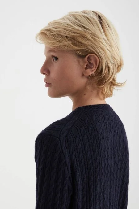 Saç Örgü Desenli Lambswool Lacivert Çocuk Kazak