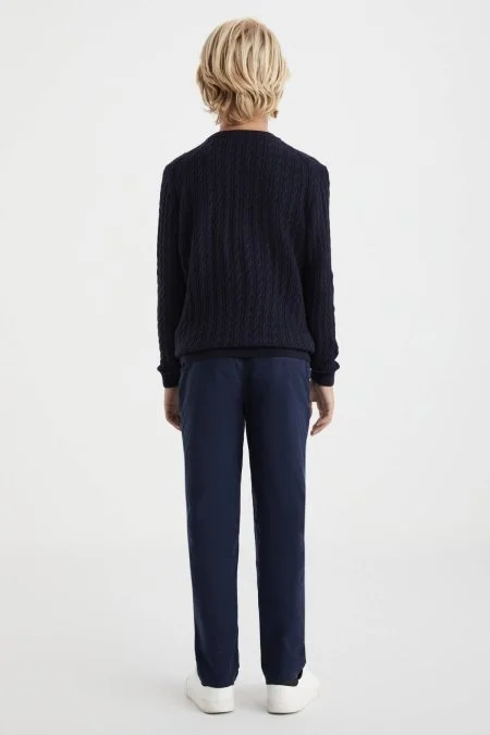 Saç Örgü Desenli Lambswool Lacivert Çocuk Kazak