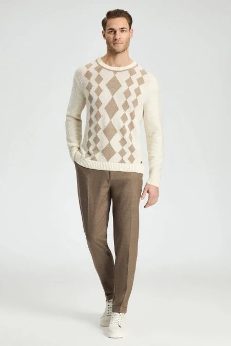 Baklava Desen Saf Kaşmir Ekru Kazak