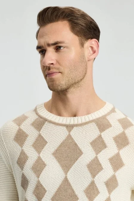 Baklava Desen Saf Kaşmir Ekru Kazak