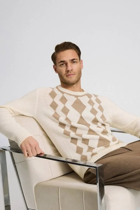 Baklava Desen Saf Kaşmir Ekru Kazak