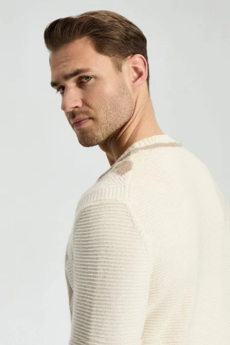 Baklava Desen Saf Kaşmir Ekru Kazak