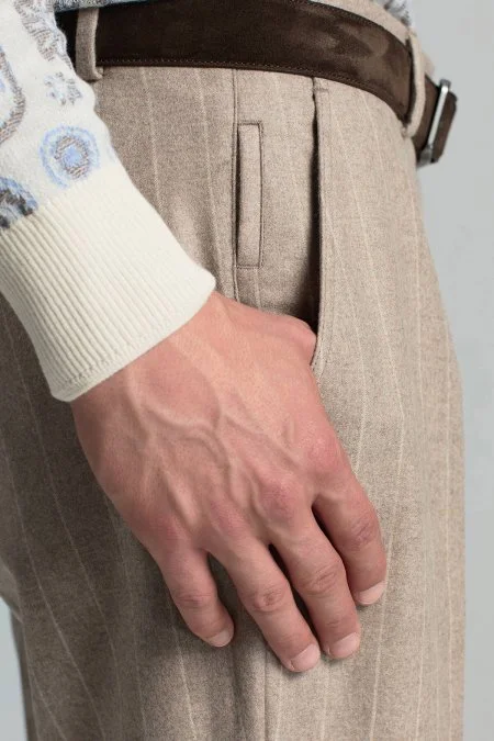 Saf Kaşmir Bej Chino Flanel Pantolon