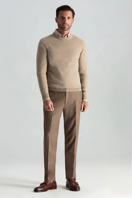 Saf Kaşmir Bisiklet Yaka Camel Kazak