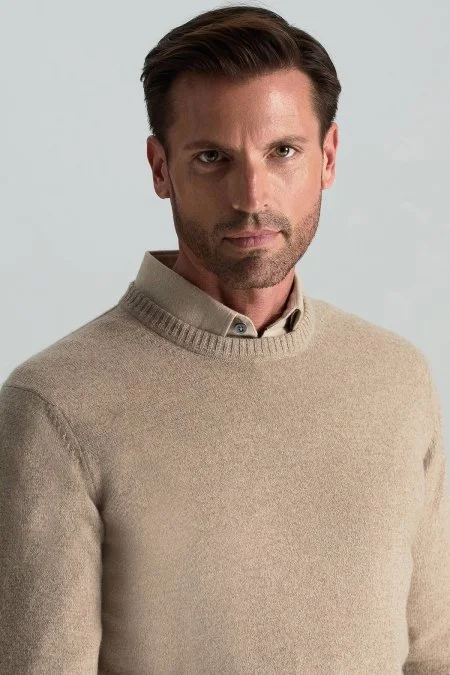 Saf Kaşmir Bisiklet Yaka Camel Kazak