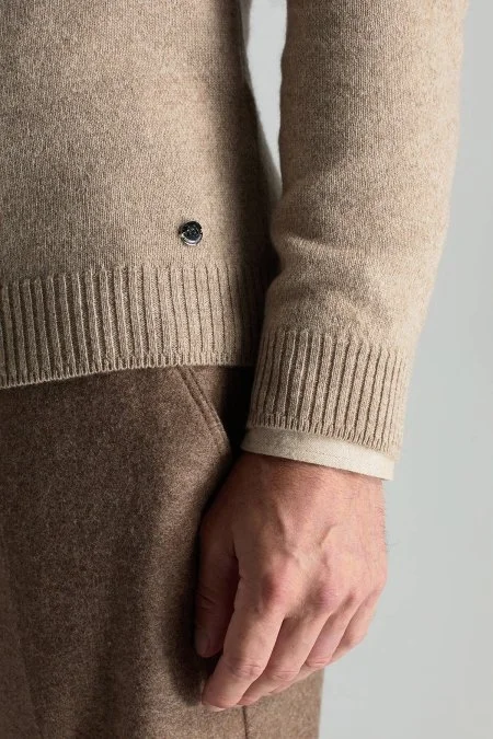 Saf Kaşmir Bisiklet Yaka Camel Kazak