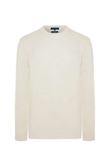 Saf Kaşmir Bisiklet Yaka Ekru Kazak