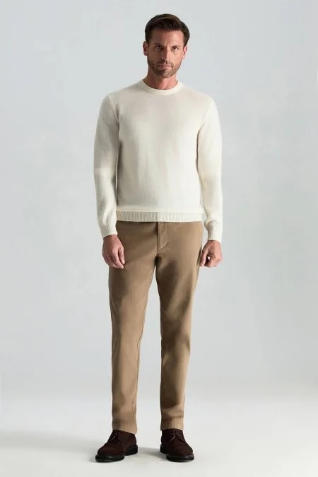 Saf Kaşmir Bisiklet Yaka Ekru Kazak