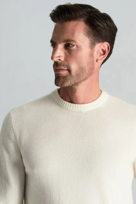 Saf Kaşmir Bisiklet Yaka Ekru Kazak