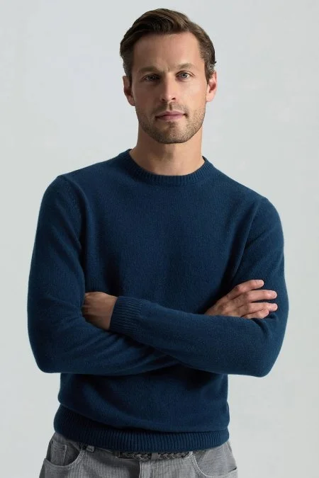 Saf Kaşmir Bisiklet Yaka Petrol Mavisi Kazak