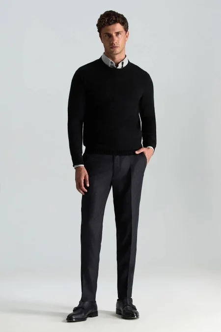 Saf Kaşmir Bisiklet Yaka Siyah Kazak