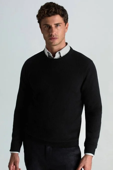 Saf Kaşmir Bisiklet Yaka Siyah Kazak