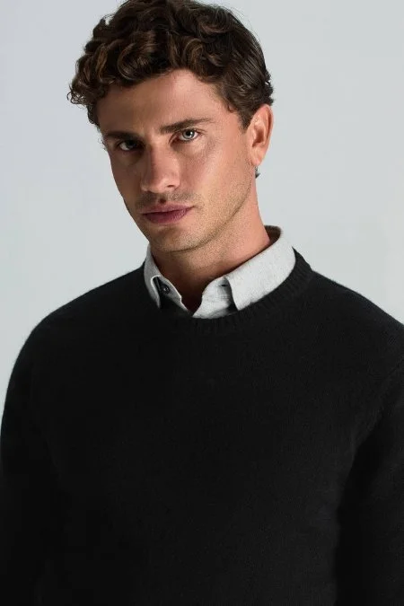 Saf Kaşmir Bisiklet Yaka Siyah Kazak