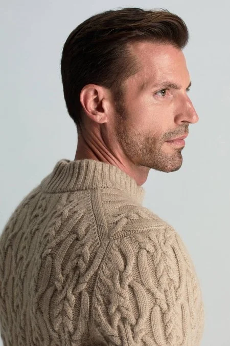 Saf Kaşmir Lupetto Yaka Saç Örgü Desenli Camel Kazak