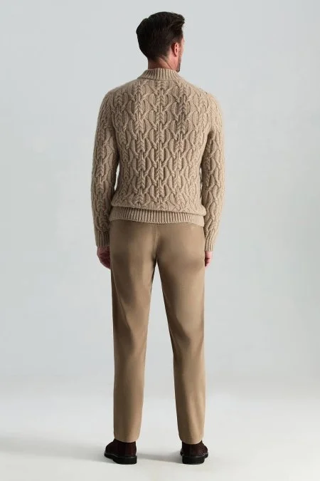 Saf Kaşmir Lupetto Yaka Saç Örgü Desenli Camel Kazak
