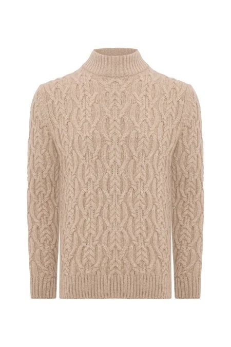 Saf Kaşmir Lupetto Yaka Saç Örgü Desenli Camel Kazak