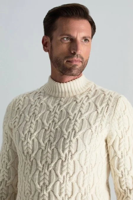 Saf Kaşmir Lupetto Yaka Saç Örgü Desenli Ekru Kazak