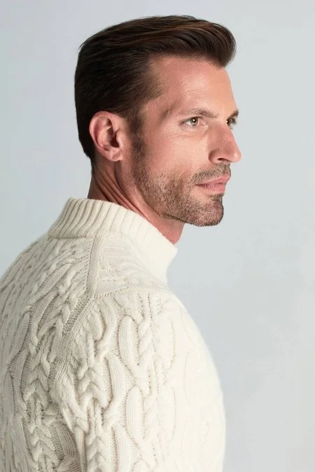 Saf Kaşmir Lupetto Yaka Saç Örgü Desenli Ekru Kazak