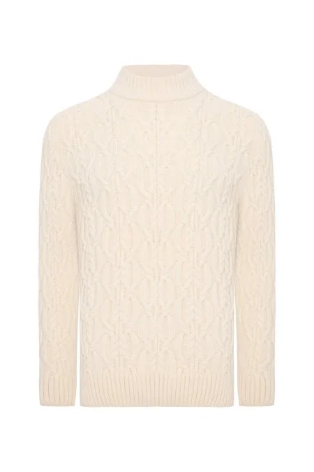 Saf Kaşmir Lupetto Yaka Saç Örgü Desenli Ekru Kazak