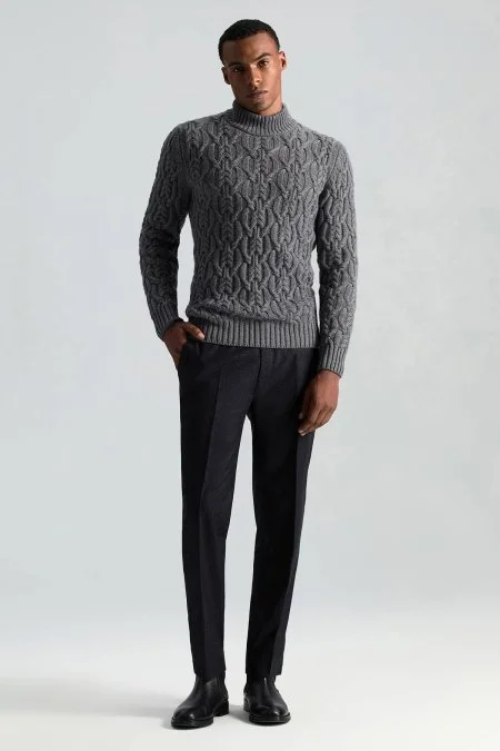 Saf Kaşmir Lupetto Yaka Saç Örgü Desenli Koyu Gri Kazak